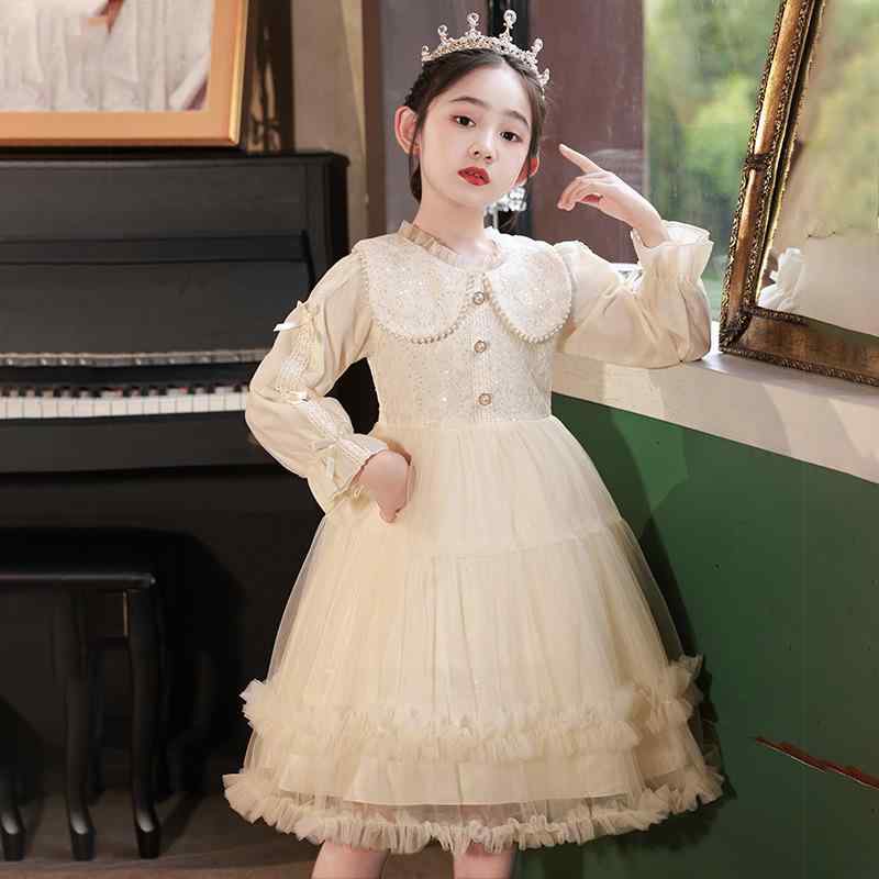 ワンピース 女の子 キッズ 子供服 長袖 裏起毛 秋冬 プリンセスドレス Aライン フレア かわいい おしゃれ シャンパン 無地 フォーマル 普段使い お出かけ 綿混 暖かい 柔らかい 洋風 膝丈 上品 エレガント 洗える