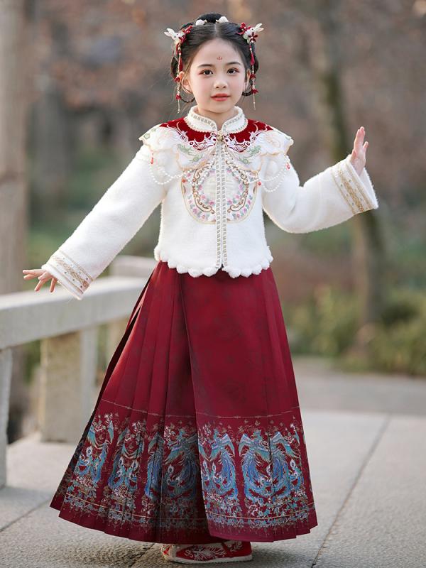 唐装 女の子 子供服 漢服 民族衣装 セットアップ キッズ 中国風 チャイナ服 プリーツスカート ロング丈 トップス 秋冬 レッド 赤 かわいい プリンセス お呼ばれ 発表会 記念撮影 ジュニア 小学生 ポリエステル ジャガード 織物 ケープ シ
