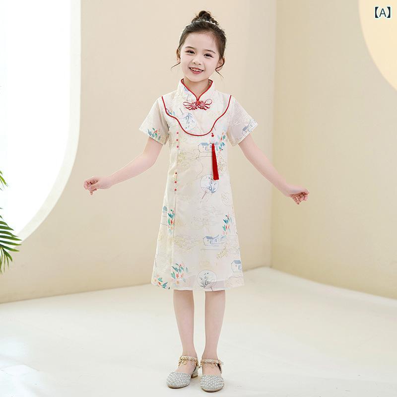 チャイナドレス 女の子 キッズ ワンピース 中国風 半袖 ドレス 民族衣装 カジュアル かわいい 香?色 藍色 夏