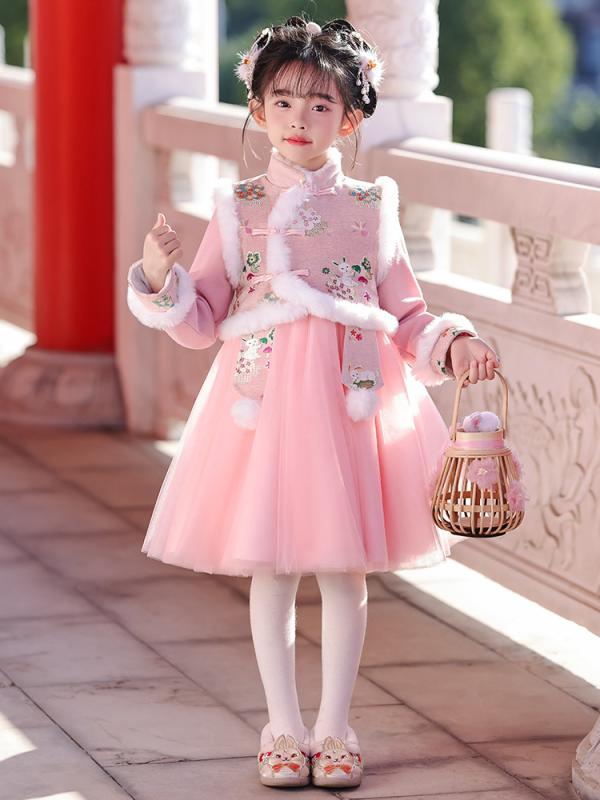 ワンピース 女の子 チャイナドレス ドレス 冬 裏起毛 漢服風 子供用 聚?繊維 長袖 かわいい プリンセス風 ピンク 動物柄 民族衣装