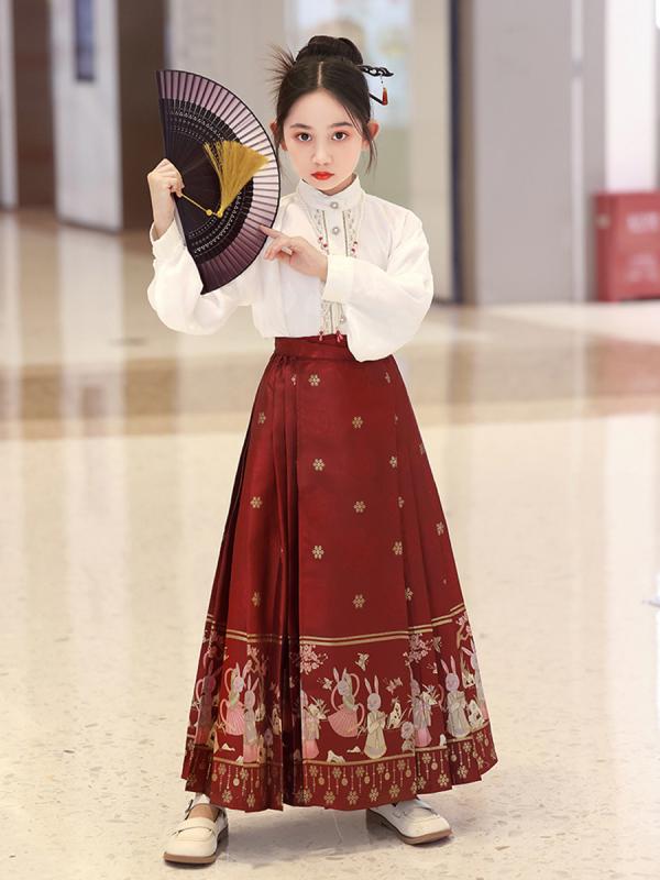 唐装 女の子 セットアップ 子供 民族衣装 中華風 漢服 馬面裙 上下セット 柄 ポリエステル 春秋 プリンセス風 潮風 レッド 4,070円