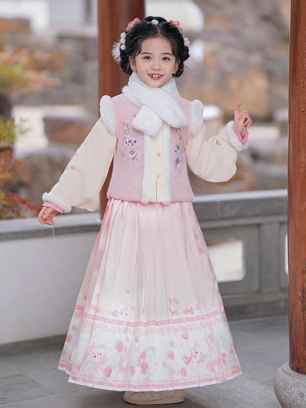唐装 女の子 キッズ 秋冬 セットアップ チャイナドレス 馬面裙 民族衣装 かわいい 中国風 柄 ポリエステル ピンク
