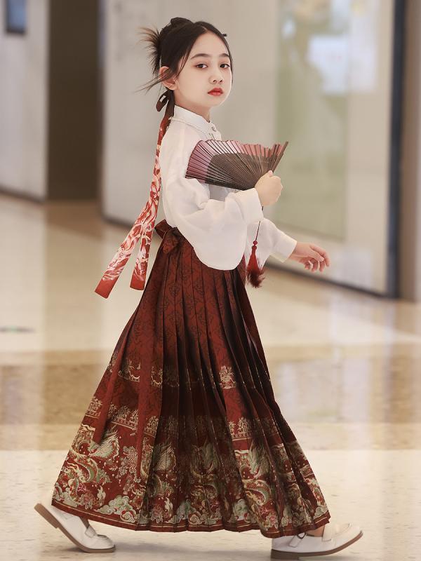 ハンフ 女の子 唐装 セットアップ 馬面裙 古装 中国風 キッズ 演出服 聚?繊維 赤色 春秋 可愛い 潮范 プリンセス 民族衣装