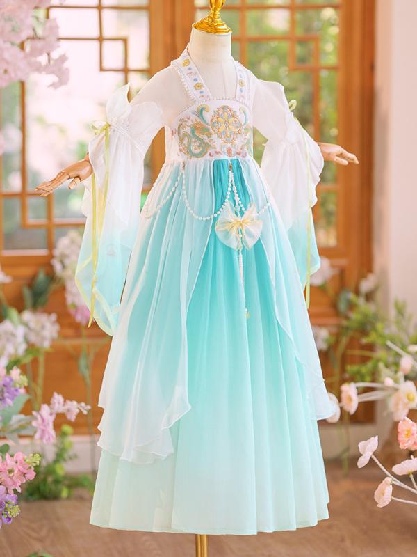 チャイナドレス 女の子 漢服 唐装 ワンピース 子供 古風 プリンセス ドレス 春秋 聚?繊維 柄 蝶結び 網紗 かわいい 柔らかい処理