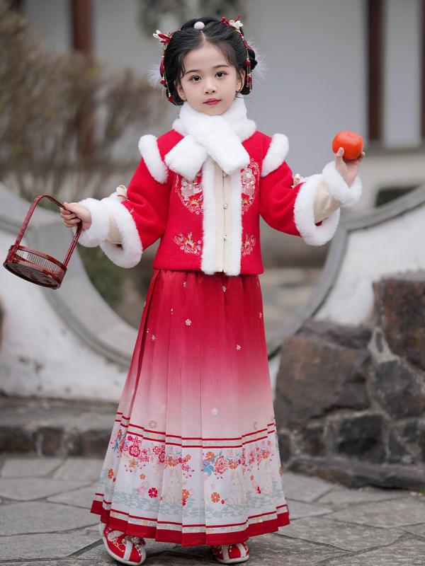 唐装 女の子 セットアップ 2点セット キッズ 子供用 漢服 冬季 秋冬 中国風 マオカラー 襟 襟ファー 柄 ポリエステル 発表会 結婚式 お正月 衣装 レッド