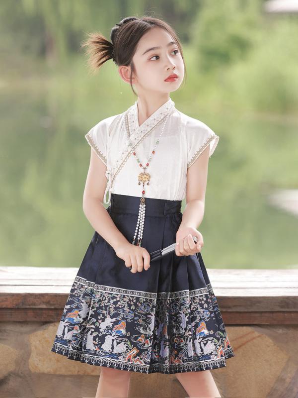 セットアップ 女の子 キッズ 唐装 漢服 夏服 3点セット 中国風 民族衣装 馬面裙 半袖 トップス スカート プリンセス かわいい おしゃれ 聚?繊維 ネイビー