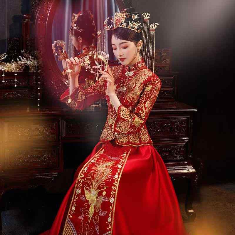 瀬戸ものお召しもの レディース 秀禾服 婚礼の儀 婚礼の儀 婚礼の儀 お召しもの  刺・墸 亮片 立襟 長袖 ロング丈 交歓会 挙式 二次会 ドレス-レディースファッション