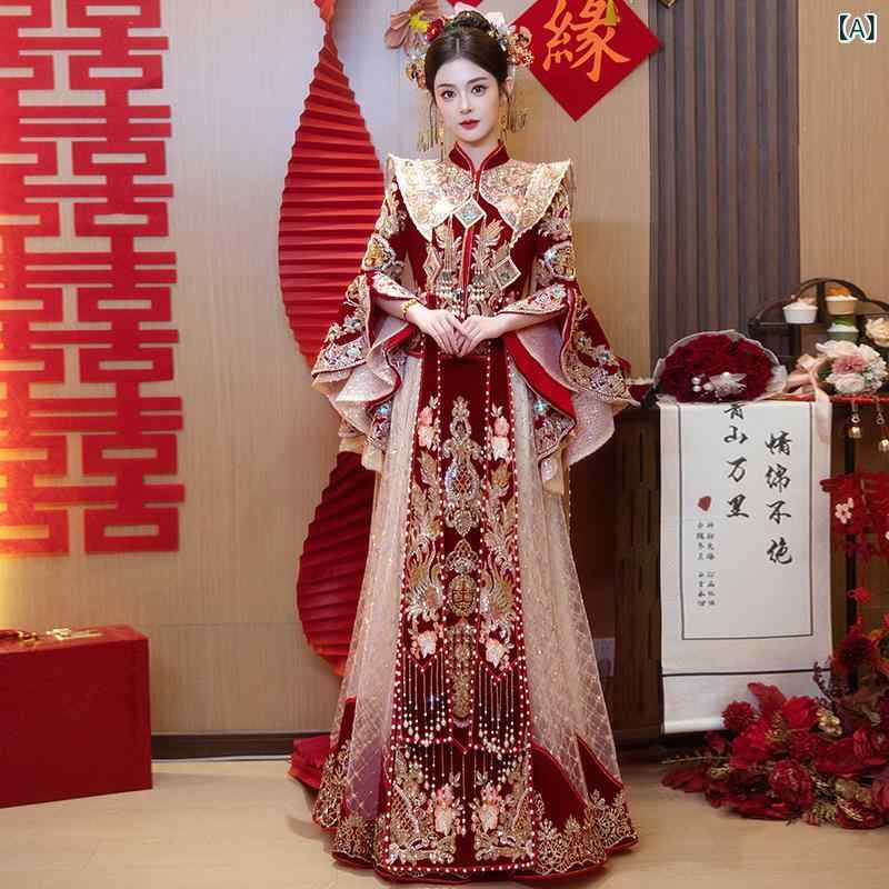 チャイナドレス レディース 秀禾服 結婚式 礼服 伝統的 刺繍 立体装飾 立襟 七分袖 ロング丈 ポリエステル オールシーズン