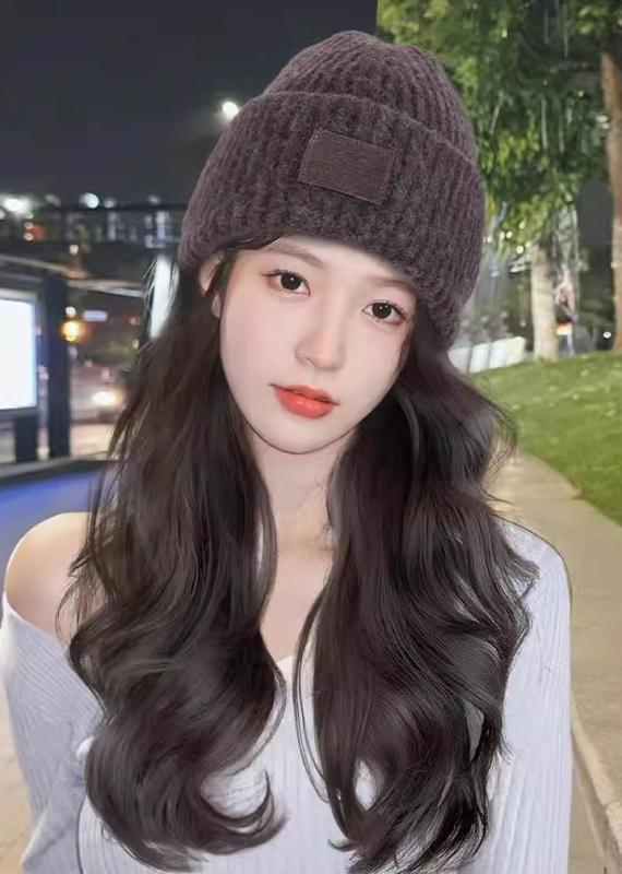 ニット帽 ウィッグ一体型 レディース 韓国 ロング ウェーブ ゆるふわ 耐熱ファイバー 人工毛 秋冬 自然 かつら 髪付き帽子 イメチェン 小顔効果 保温 防寒 簡単装着 便利 おしゃれ ストリート カジュアル 普段使い お出かけ ブラウン ブラック