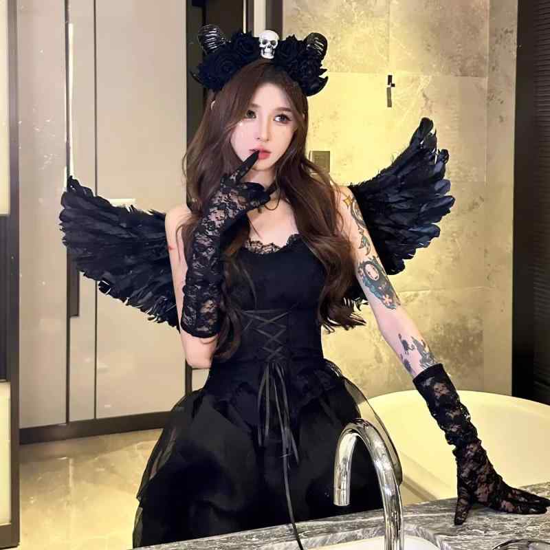 ハロウィン コスプレ レディース ワンピース 天使 悪魔 ゴースト ブライド 幽霊 花嫁 翼 ドレス ステージ 舞台 ゴシック Y2K ダーク 白 黒 チュチュ イベント パーティー セット