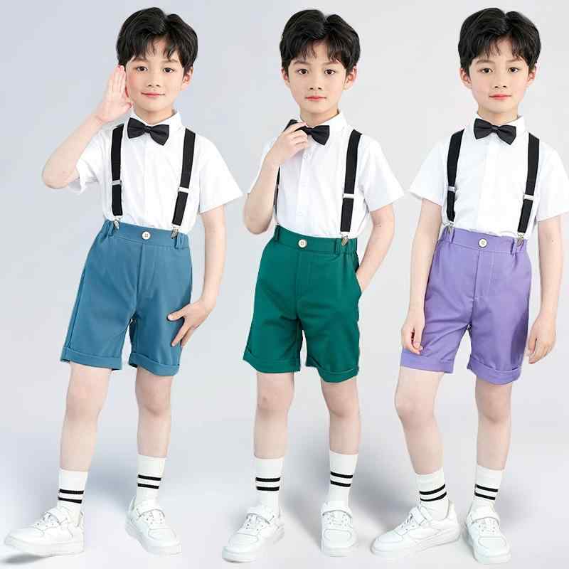 セットアップ 男の子 女の子 キッズ ジュニア 半袖シャツ ハーフパンツ サスペンダー 蝶ネクタイ フォーマル スクール風 制服 発表会 合唱 入園式 小学校 春夏 ポリエステル ブルー パープル ダークグリーン かわいい