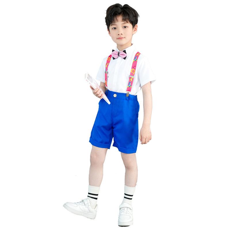 セットアップ 男の子 女の子 春夏 半袖シャツ ショートパンツ サスペンダー 蝶ネクタイ 綿 コットン 学院風 ストライプ柄 発表会 演奏会 合唱 フォーマル カジュアル かわいい 子供服 ブルー ホワイト ボタン