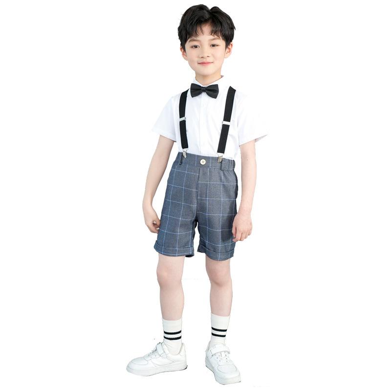 スーツ 男の子 女の子 キッズ 春夏 半袖シャツ サスペンダー ショートパンツ 蝶ネクタイ セットアップ 英国風 トラッド フォーマル 発表会 結婚式 入園式 綿 コットン 通気性 グレー ホワイト チェック柄 司会