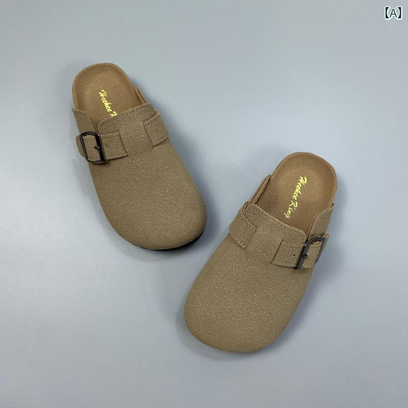 サンダル 男の子 女の子 キッズ コルク スリッパ ミュール サボ ラウンドトゥ 二層牛革 レザー 春夏秋 普段使い 外履き カジュアル 通気 防滑 耐摩耗 クッション ソフトソール 軽量 おしゃれ かわいい カーキ ブラウン