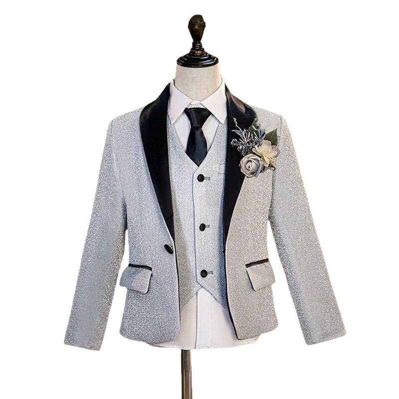 スーツ 男の子 女の子 キッズ セットアップ 礼服 発表会 ステージ 結婚式 スパンコール キラキラ シルバー ポリエステル ボタン オールシーズン セレモニー ジャケット ベスト ズボン 蝶ネクタイ 舞台衣装 おしゃれ|フロントップ店