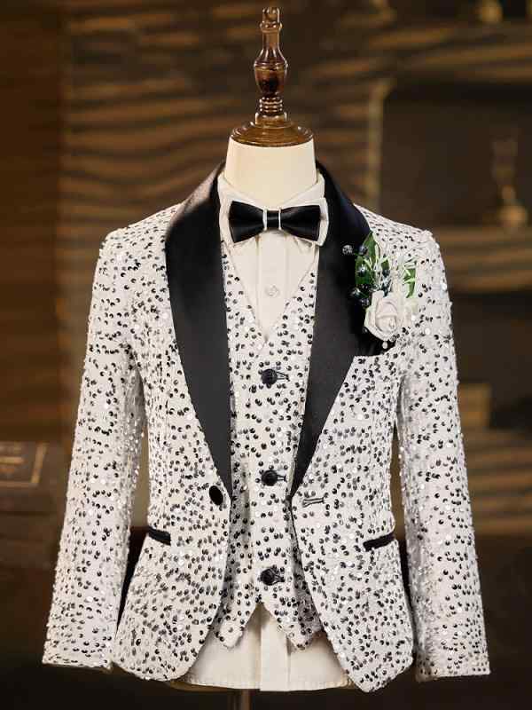 スーツ キッズ 子供 男の子 女の子 フォーマル 礼服 発表会 結婚式 パーティー スパンコール 白 オールシーズン セットアップ ジャケット パンツ シャツ ベスト 蝶ネクタイ ボタン キラキラ 制服風