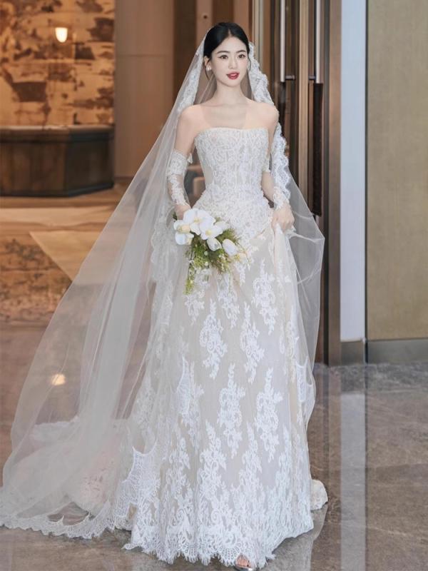 ウェディングドレス レディース Aライン 長袖 レース ロング丈 森ガール風 レトロ プリンセス袖 編み上げ ハイウエスト 披露宴 二次会 パーティー 挙式|フロントップ店
