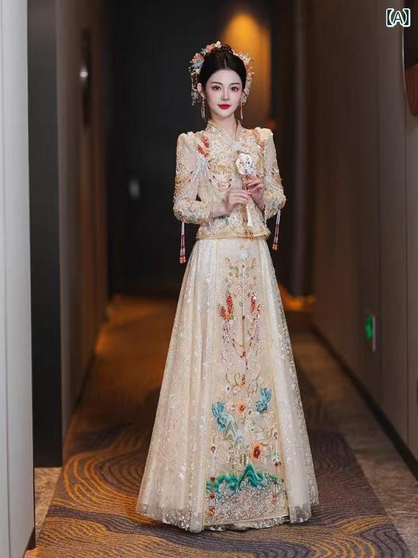チャイナドレス レディース 秀禾服 結婚式 花嫁 ウェディングドレス 刺しゅう 豪華 立体装飾 立襟 九分袖 チュールスカート 華やか レース ポリエステル シャンパン オールシーズン
