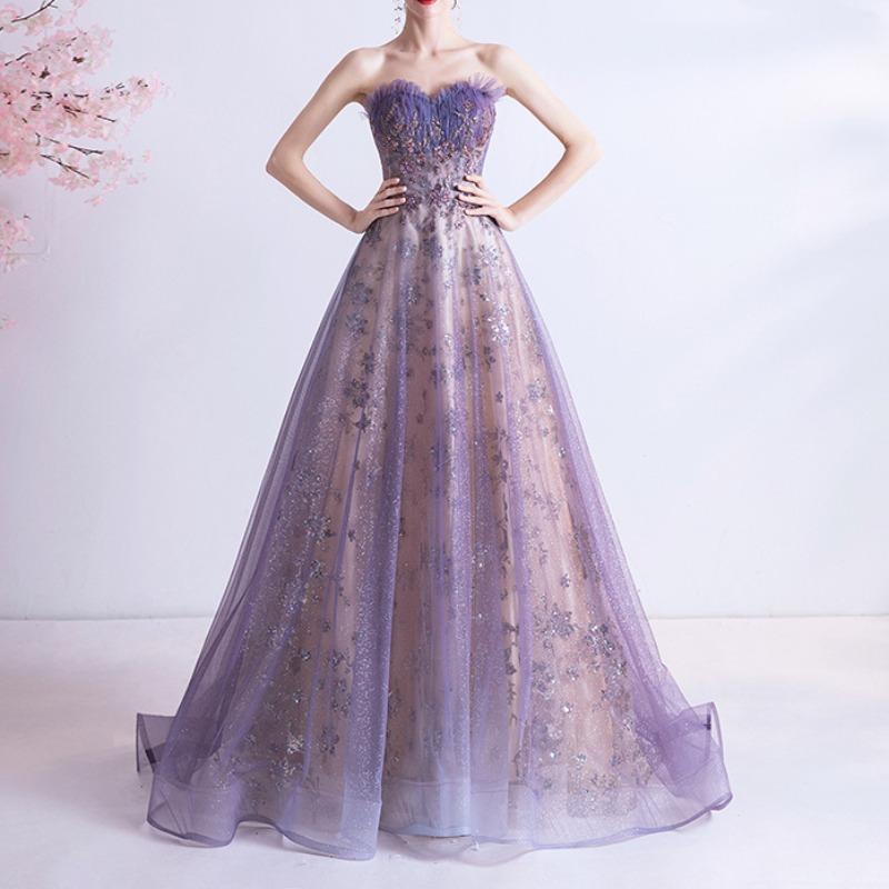 ドレス レディース パーティードレス Aライン ロング丈 抹胸 ベアトップ 紫 亮片 星空柄 演出服 コンサート 発表会 舞台衣装 エレガント