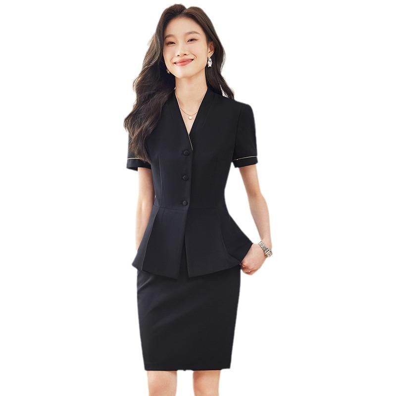 セットアップ レディース 事務服 ジャケット テーラードジャケット パンツスーツ スカートスーツ 上品 エレガント 通勤 オフィス 春夏 半袖 ボタン ネイビー ブラック ポリエステル 美容院 受付 接客 の商品写真