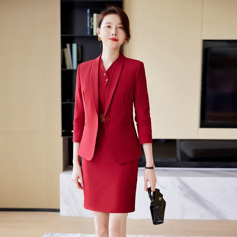 セットアップ レディース スーツ ジャケット ワンピース 上下セット 秋冬 接客 通勤 オフィス 事務服 制服 2点セット 長袖 膝丈 ミディ丈 エレガント 上品 ポリエステル 伸縮性 柔らかい 着痩せ きれいめ レッド ネイビー フォーマル