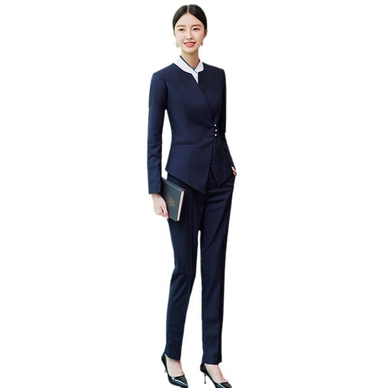 制服 レディース セットアップ ホテル フロント 接客 長袖 秋冬 チャイナ風 ネイビー グレー ジャケット パンツ スラックス ブラウス きれいめ フォーマル ビジネス ワークウェア ストレッチ 上品 快適 無地