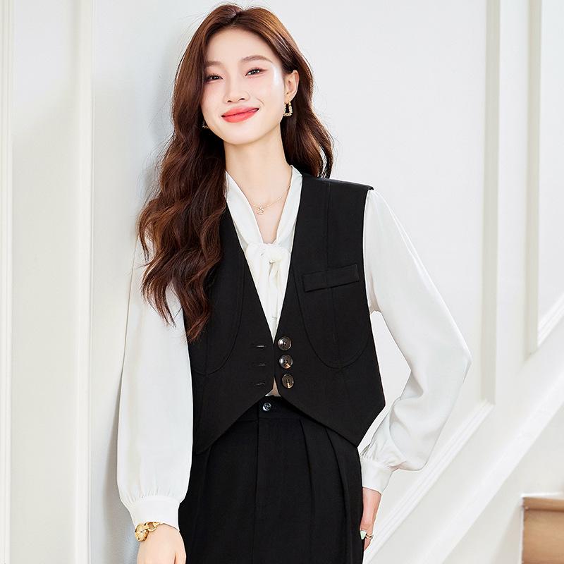 セットアップ レディース スーツ ベスト ジレ チョッキ ロングパンツ 春秋 無地 ビジネス 通勤 事務服 オフィス カジュアル きれいめ 上品 ブラウン ブラック ポリエステル ノースリーブ スラックス シャツ 40代