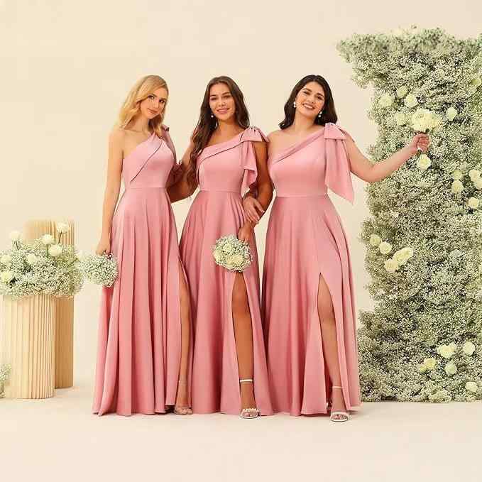 ドレス レディース ワンピース ワンショルダー リボン ブライズメイド サテン フォーマル パーティー 結婚式 二次会 スリット エレガント Aライン ウエストマーク シャンパン ピーコックグリーン ブラック 春夏 マキシ丈