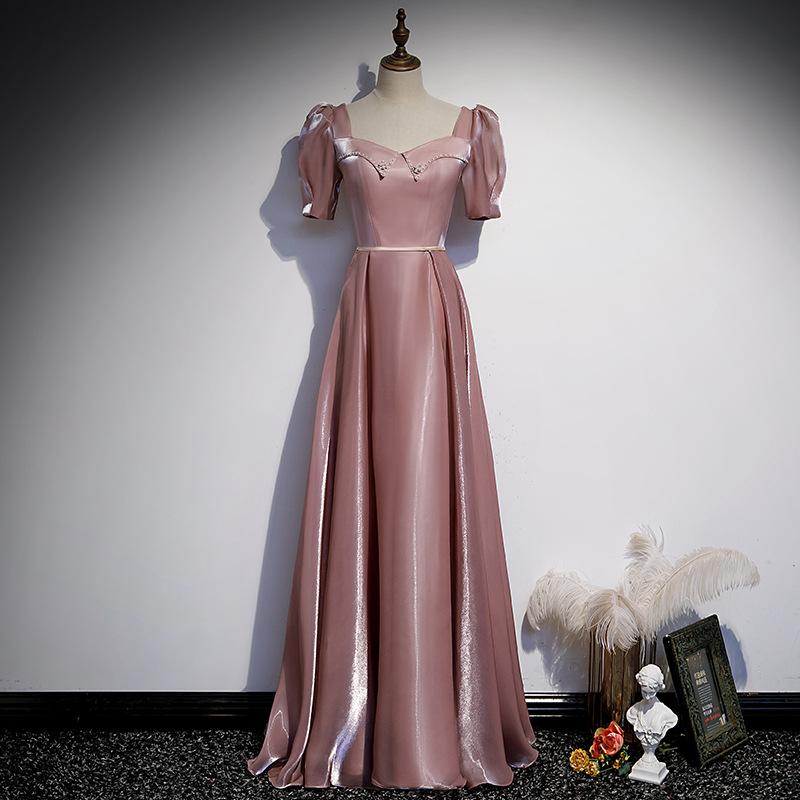 ロングドレス レディース ワンピース 秋冬 サテン Aライン オフショルダー 三分袖 エレガント 上品 ピンク 結婚式 宴会 パーティー きれいめ 無地 ポリエステル
