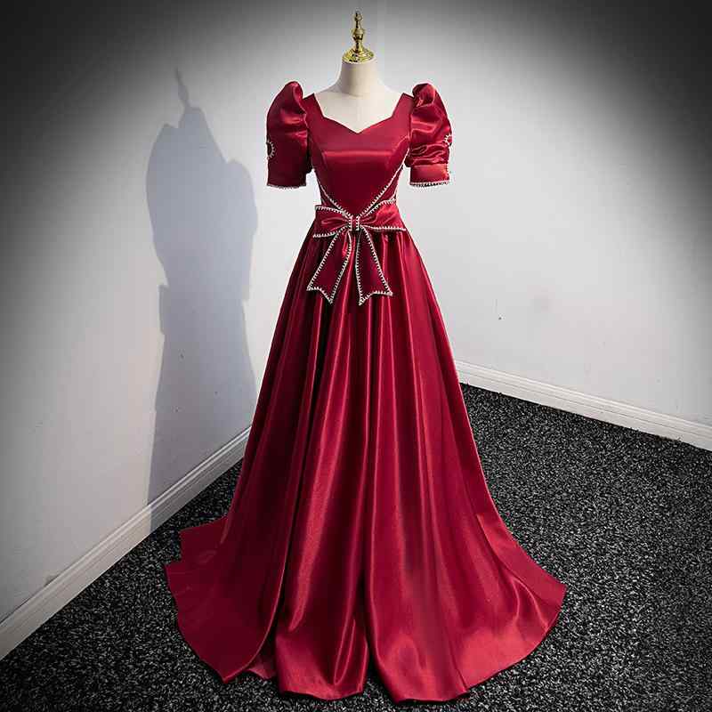 ドレス レディース ワインレッド ロング丈 ワンピース 結婚式 披露宴 二次会 花嫁 ブライダル ウェディング  サテン リボン オフショルダー Aライン 五分袖 エレガント 上品 プリンセス フレンチスタイル お呼ばれ フォーマル