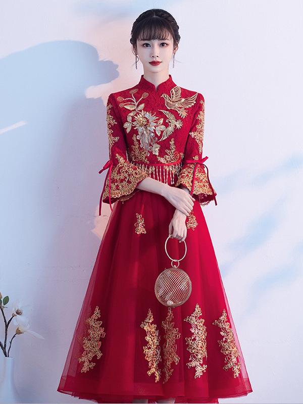 チャイナドレス レディース 結婚式 披露宴 ワンピース ロング ワインレッド ボルドー 刺繍 レース スタンドカラー ベルスリーブ ミモレ丈 体型カバー ポリエステル エレガント 上品 レトロ 華やか きれいめ
