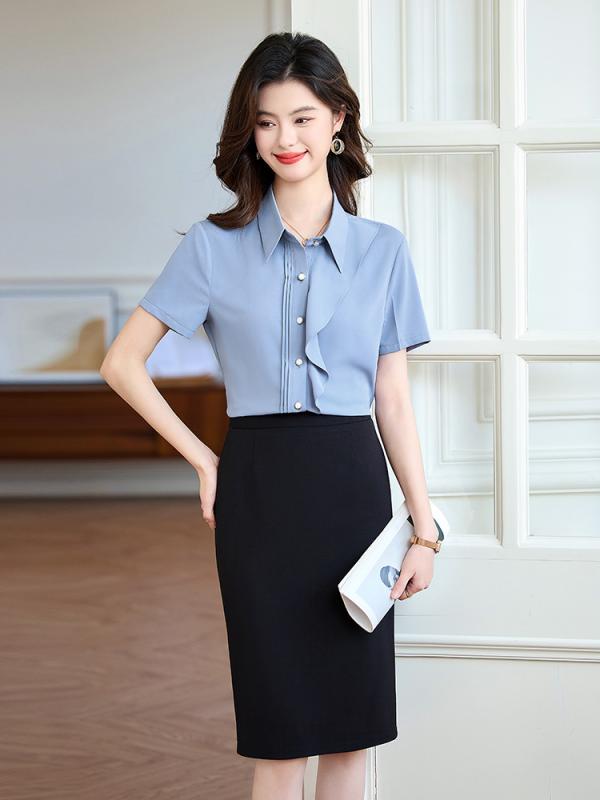 シャツ レディース セットアップ 上下セット 半袖 ブラウス トップス ボトムス パンツ スカート 事務服 通勤 ビジネス きれいめ エレガント ポリエステル 夏 涼しい 伸縮性 ブルー グレー ホワイト 4,640円