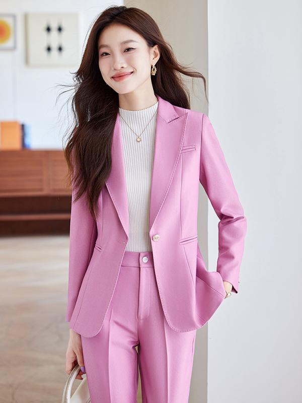 パンツスーツ レディース 秋冬 セットアップ テーラードジャケット ロングパンツ 長袖 事務服 制服 通勤 オフィス 面接 エレガント 上品 きれいめ ポリエステル レーヨン ピンク オレンジ グレー