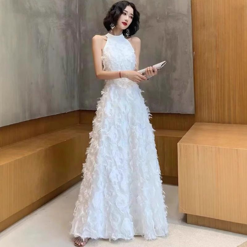 ワンピース レディース ホルターネック ロング丈 ノースリーブ 礼服 パーティードレス 無地 シンプル 春夏 修身 成人式 誕生日 聚会 ホワイト ブラック ピンク系 ワインレッド