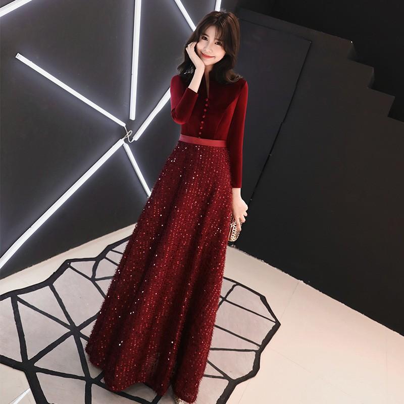 ドレス レディース ロング丈 長袖 深Vネック Aライン ベロア ベルベット 酒赤 結婚式 披露宴 パーティー 二次会 演奏会 発表会 発表会用ドレス スリム 細見え