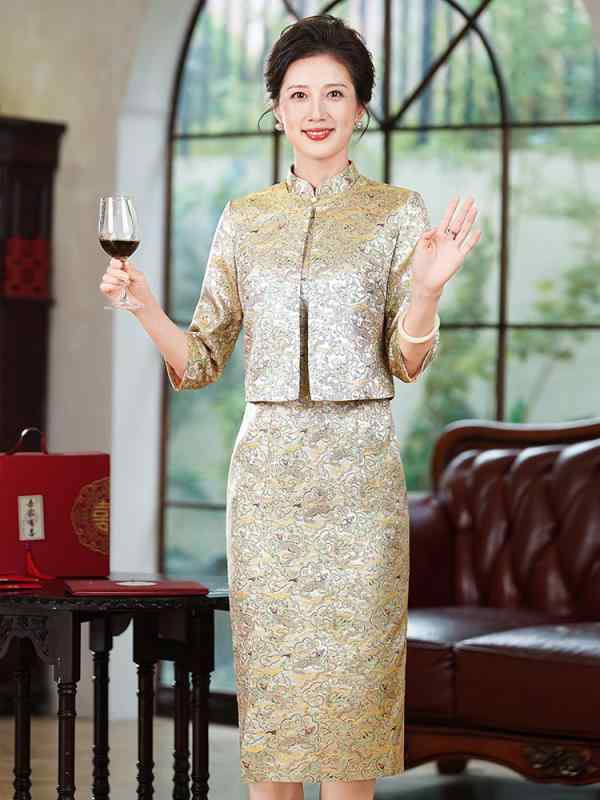 チャイナドレス レディース 二点セット 秋冬 中国風 母親 結婚式 披露宴 礼服 提花生地 七分袖 ミモレ丈