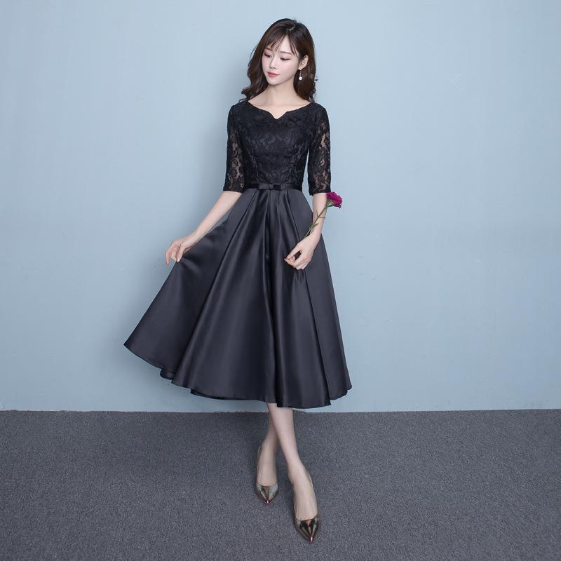 パーティードレス レディース Aライン ミモレ丈 ロング丈 五分袖 ハイウエスト ブラック 結婚式 披露宴 演奏会 発表会 聚?繊維 ファスナー エレガント きれいめ 無地 パーティー用