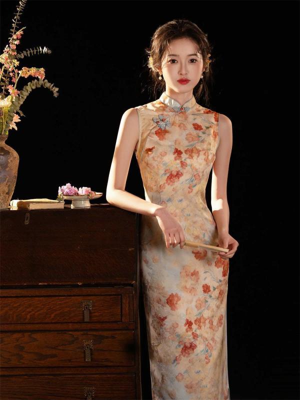 チャイナドレス レディース ロング丈 ノースリーブ 立襟 斜襟 花柄 通勤服 上品 華やか 軽やか エレガント