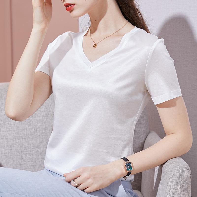 Tシャツ レディース 半袖 春夏 快適 綿 コットン シルケット加工 Vネック 無地 光沢感 トップス カットソー プルオーバー カジュアル 普段使い 快適 涼しい ブラック グレーグリーン ホワイト