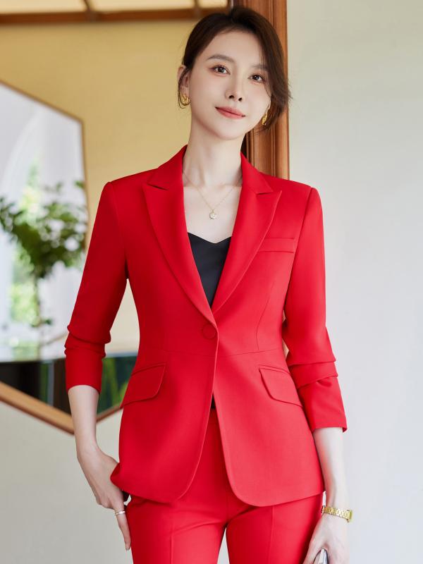 セットアップ レディース スーツ ジャケット パンツ スカート フォーマル オフィス 通勤 事務服 制服 秋冬 ストレッチ 伸縮性 ポリエステル 無地 テーラードジャケット ボタン 長袖 ブラック レッド