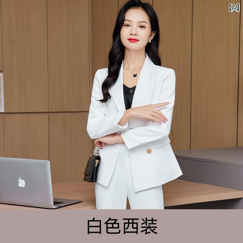 セットアップ レディース パンツスーツ テーラードジャケット ロングパンツ 長袖 オレンジ ホワイト ブラック 通勤 オフィス フォーマル 2点セット エレガント 上品 韓国 英国風 春 きれいめ 洗練 無地 ママスーツ 事務服 制服 4,836円