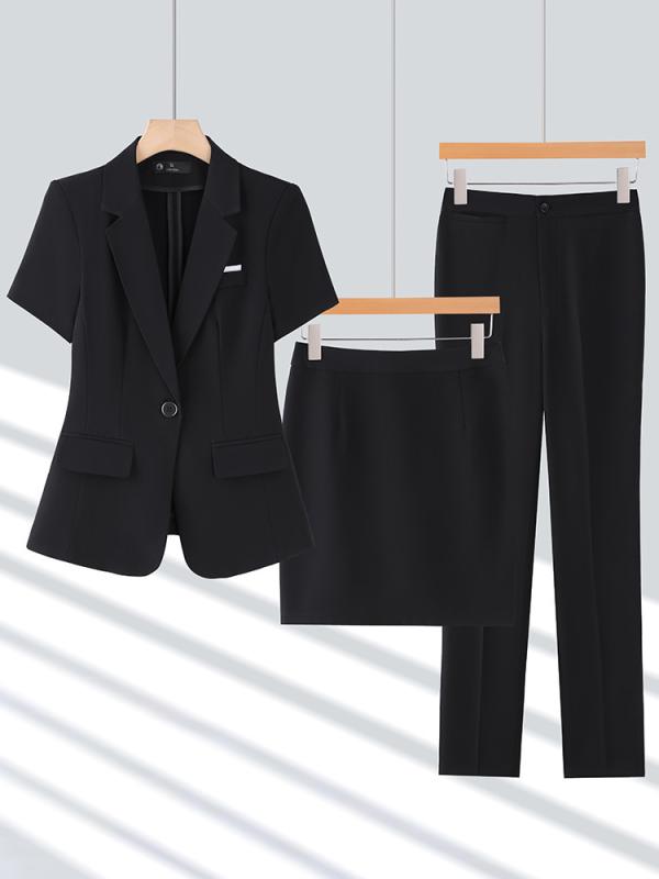 セットアップ レディース スーツ パンツスーツ スカートスーツ 上下セット 事務服 通勤 面接 フォーマル オフィス ビジネス ジャケット 半袖 春夏 薄手 軽量 ポリエステル 無地 シワになりにくい エレガント きれいめ ロイヤルブルー ブラ
