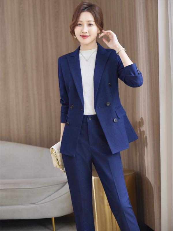 セットアップ レディース スーツ 上下セット テーラードジャケット ロングパンツ ズボン ビジネススーツ 事務服 オフィス 通勤 フォーマル ボタン 英国風 着痩せ 体型カバー ポリエステル ビスコース 長袖 秋冬 ロイヤルブルー ネイビー オリ