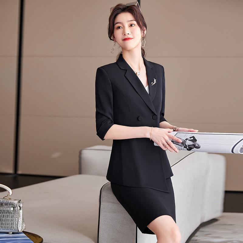 スカートスーツ レディース セットアップ 春夏 五分袖 ジャケット 韓国 通勤 接客 オフィス 事務服 ユニフォーム ホテル 美容院 上品 膝丈 ホワイト グリーン ブラック ポリエステル ストレッチ 伸縮性
