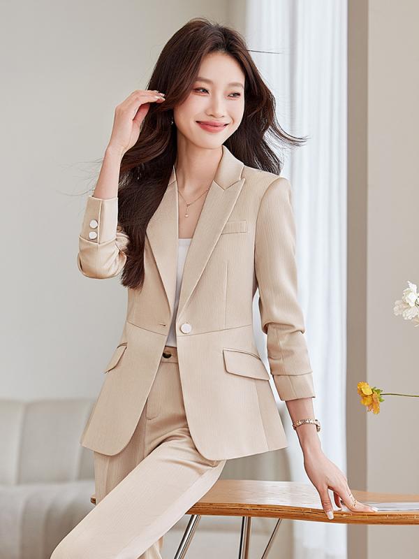 スーツ レディース セットアップ 春秋 通勤 オフィス 事務服 フォーマル ジャケット パンツ 上下セット 2点セット きれいめ エレガント ウエストマーク スリム シャンパン ブルー アプリコット ポリエステル 長袖 ロングパンツ 無地