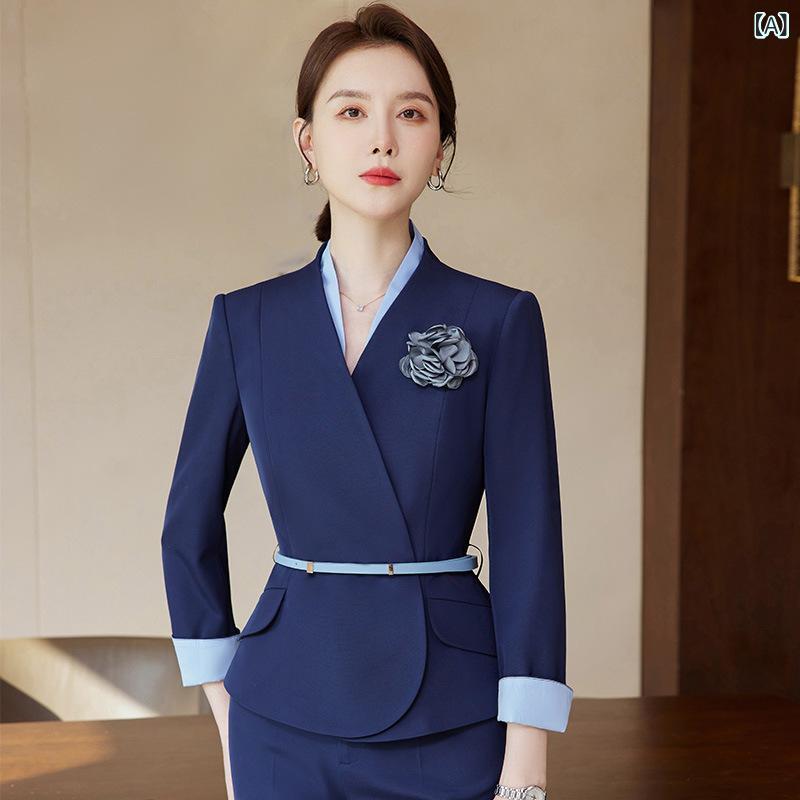 スーツ レディース セットアップ ジャケット スカート パンツ 事務服 接客用 ホテル ビジネス 制服 長袖 ストレッチ 伸縮性 春夏 エレガント 上品 配色 ワークウェア マネージャー グレー ブルー 4,668円