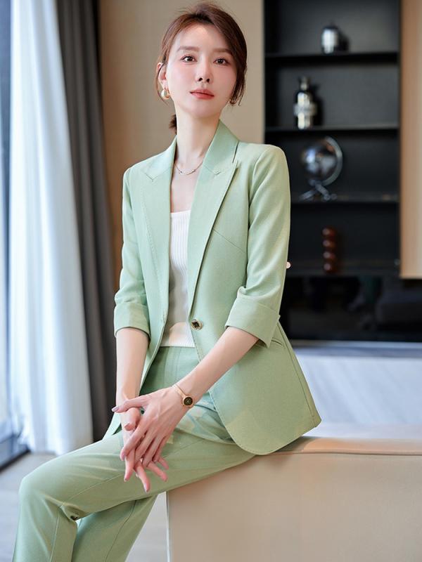 セットアップ レディース スーツ テーラードジャケット アンクルパンツ 春夏 通勤 オフィス フォーマル きれいめ 知的 エレガント 無地 シワになりにくい ノーアイロン ボタン グリーン ピンク グレー