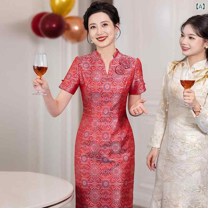 チャイナドレス レディース 結婚式 披露宴 冠婚葬祭 母親 マザーズドレス 50代 親族 フォーマル パーティードレス 礼服 半袖 大きいサイズ ゆったり 華やか 若々しい 春夏 上品 エレガント 膝丈 ミモレ丈