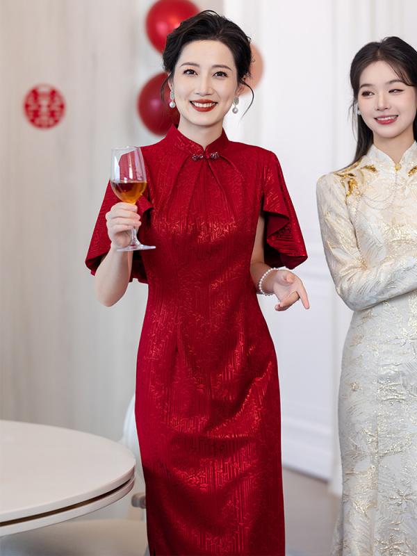 瀬戸ものお召しもの レディース 型 衣装 ロング丈 交歓会 御芽出度 お呼ばれ フォーマル 寄りあい お母さん 親族グループ 春夏  雅びやか 好いたらしいめ 雅びやか ポリエステル フラウンス袖 赤いこと 赤 通い 膝下丈 体型押しかぶせる