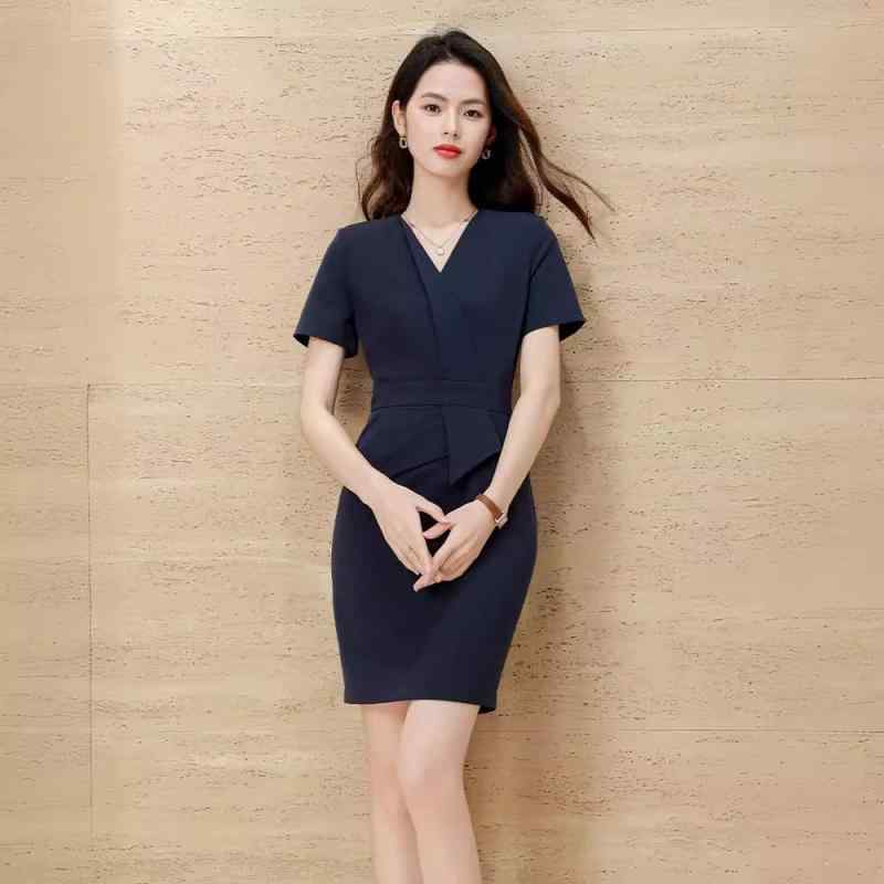 ワンピース レディース 半袖 Vネック 春夏 タイト 膝丈 事務服 通勤 オフィス 痩せ見え スリム ハイウエスト ジッパー 無地 ネイビー グレー 上品 きれいめ 制服 フォーマル 高見え ポリエステル